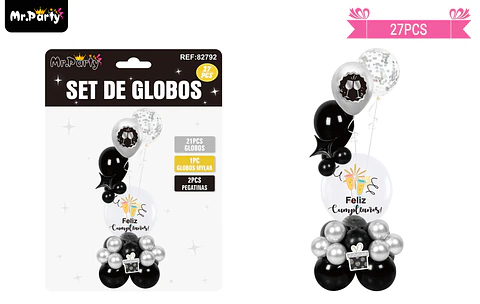 Set con globos burbujas plateano y negro 27pcs