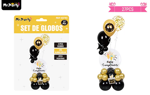 Set con globos burbujas dorado y negro 27pcs