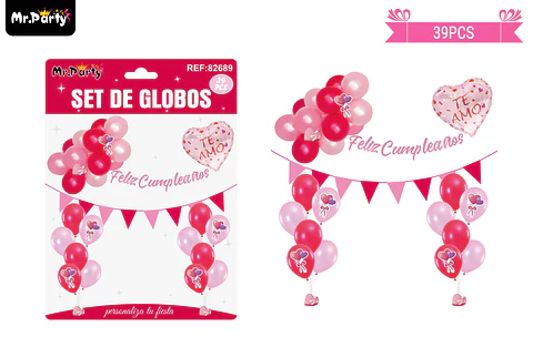 Set de globos látex y guirnalda con corazón 39pcs