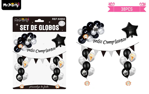 Set de globos látex y guirnalda negro y plateado 38pcs