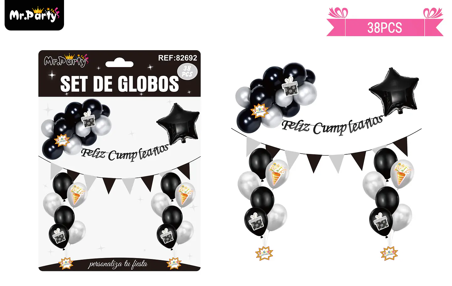 Set de globos látex y guirnalda negro y plateado 38pcs 1