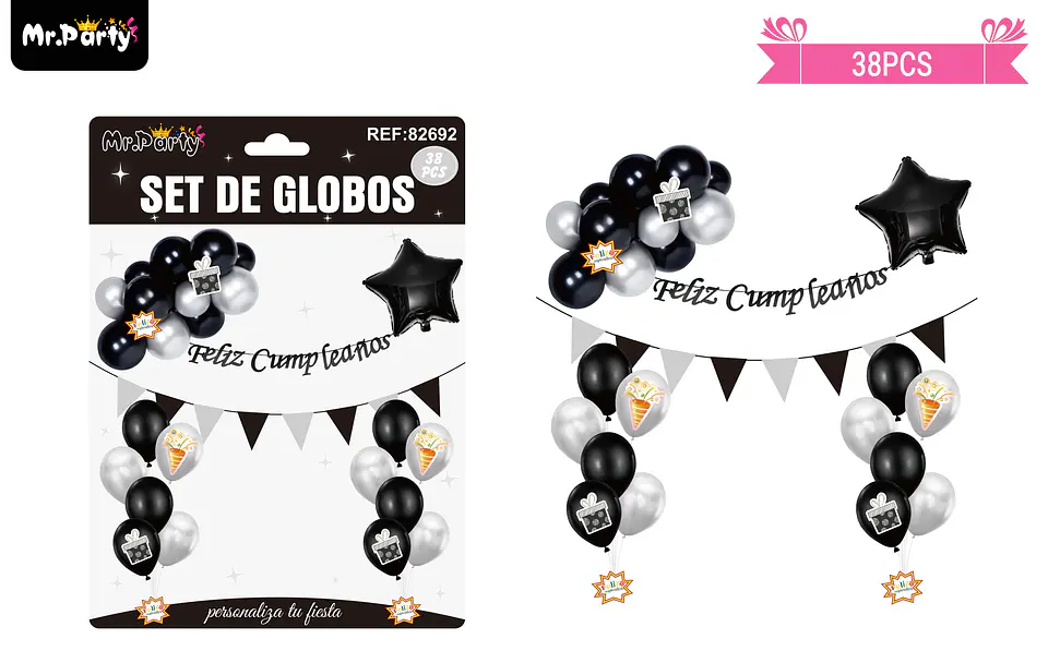 Set de globos látex y guirnalda negro y plateado 38pcs 1