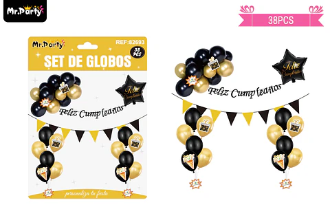 Set de globos látex y guirnalda negro y dorado 38pcs