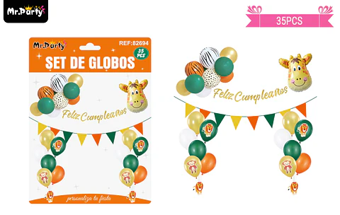 Set de globos látex y guirnalda con animales 35pcs