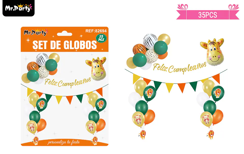 Set de globos látex y guirnalda con animales 35pcs 1