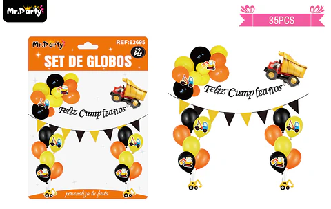 Set de globos látex y guirnalda con excavadora 35pcs