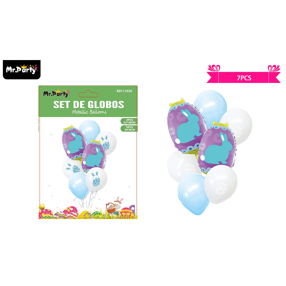 Set de globos metalicos de huevo de pascua con conejitos multicolor 7pcs
