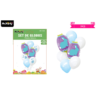 Set de globos metalicos de huevo de pascua con conejitos multicolor 7pcs