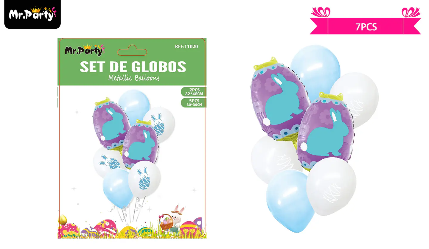 Set de globos metalicos de huevo de pascua con conejitos multicolor 7pcs 1