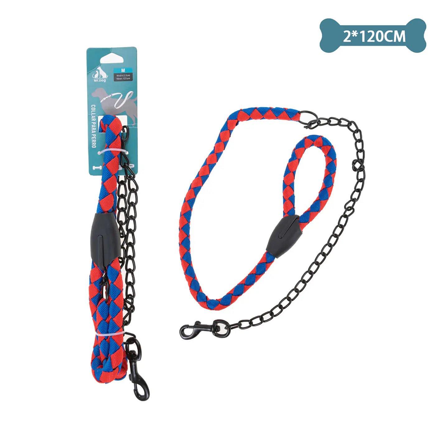 Correa redondo con cadena para mascota 1.2m 1