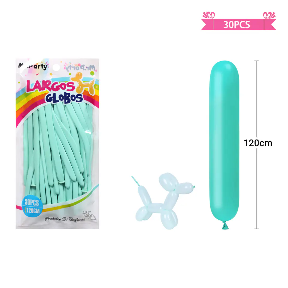 Globos largos color pastel azul tiffany 120cm 30pcs 2