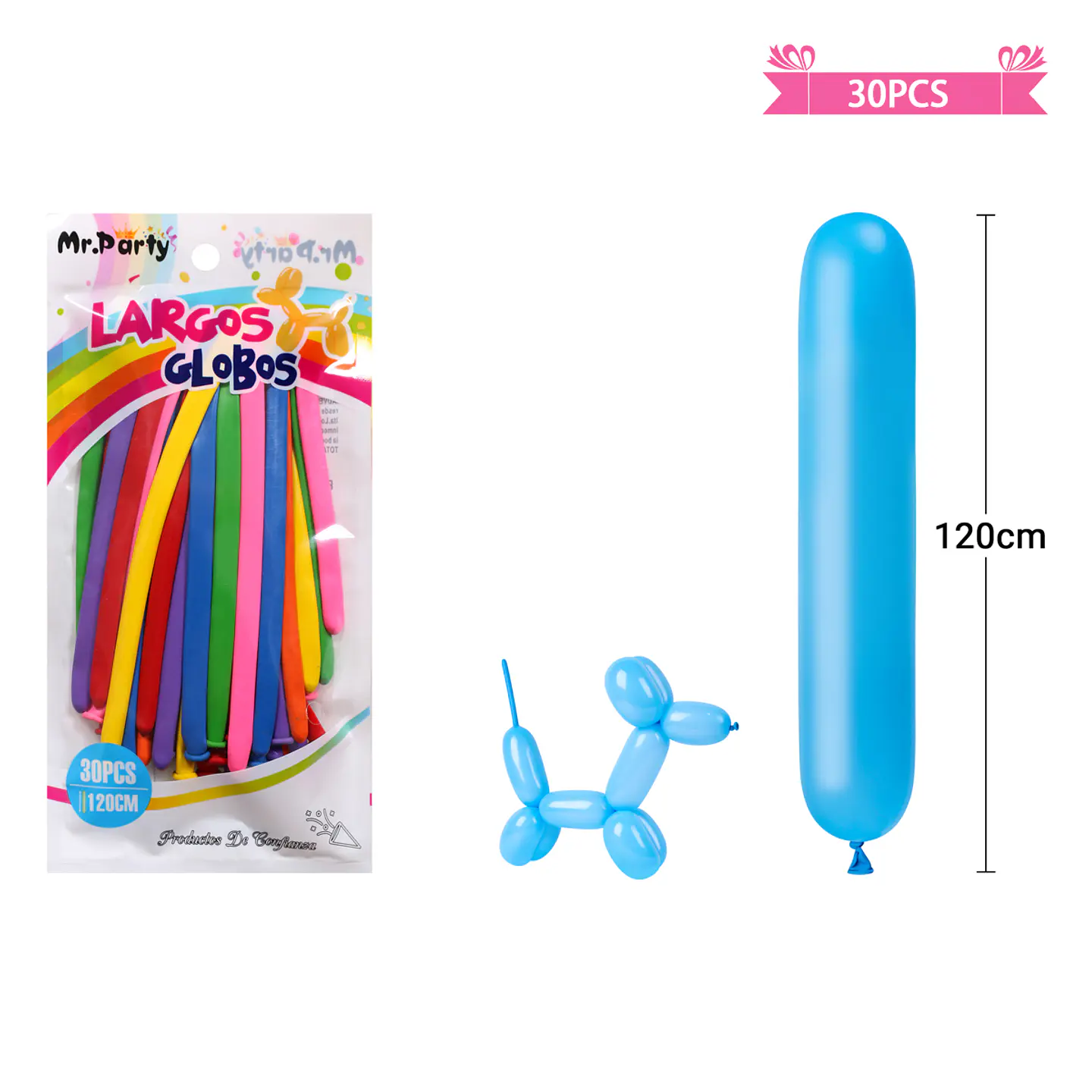 Globos largos colores surtidos 120cm 30pcs 2