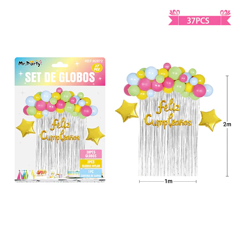 Set de globos multicolor con cortina plateano 37pcs