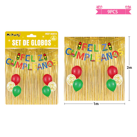 Set de globos con cortina y guirnalda de autos 9pcs