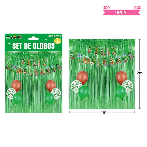 Set de globos con cortina y guirnalda de animales 9pcs