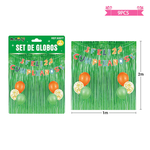Set de globos con cortina y guirnalda de dinosaurio 9pcs