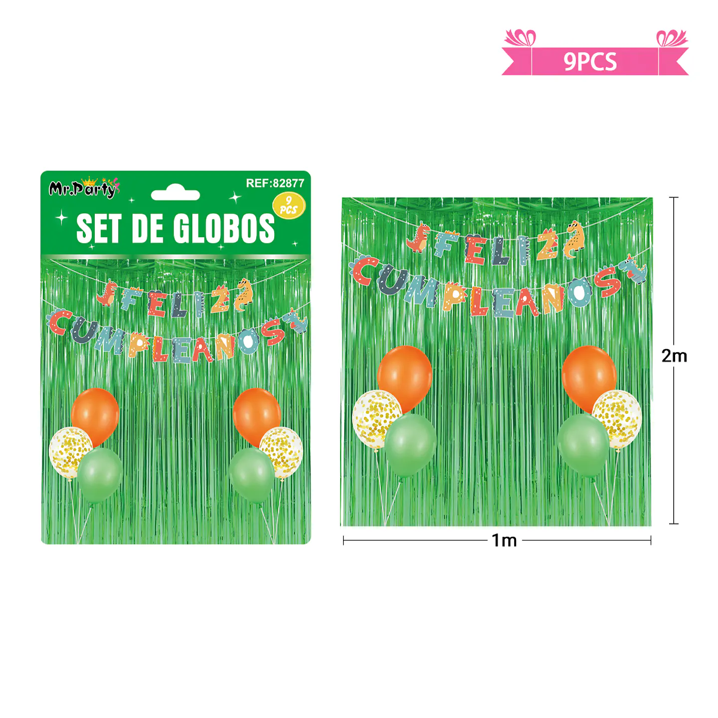 Set de globos con cortina y guirnalda de dinosaurio 9pcs 1