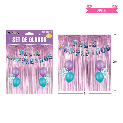 Set de globos con cortina y guirnalda de sirena 9pcs