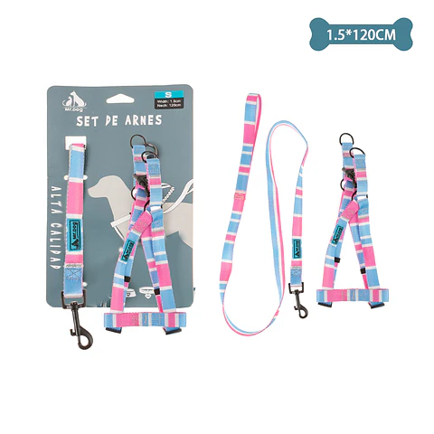 Set de arnés y correa de nylon azul y rosa 1.5*120cm