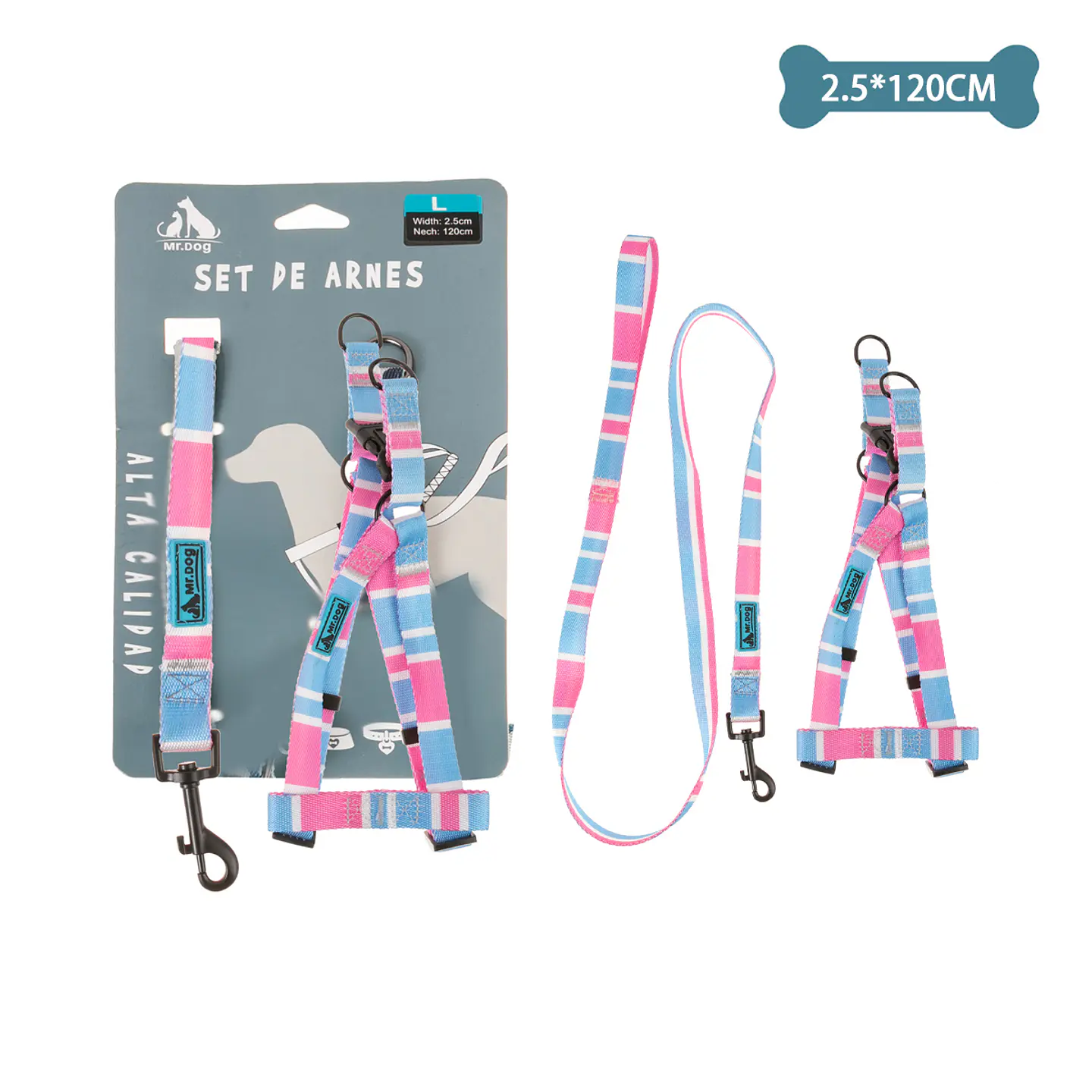 Set de arnés y correa de nylon azul y rosa 2.5*120cm 1
