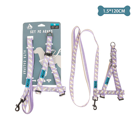 Set de arnés y correa de nylon rayas morado 1.5*120cm