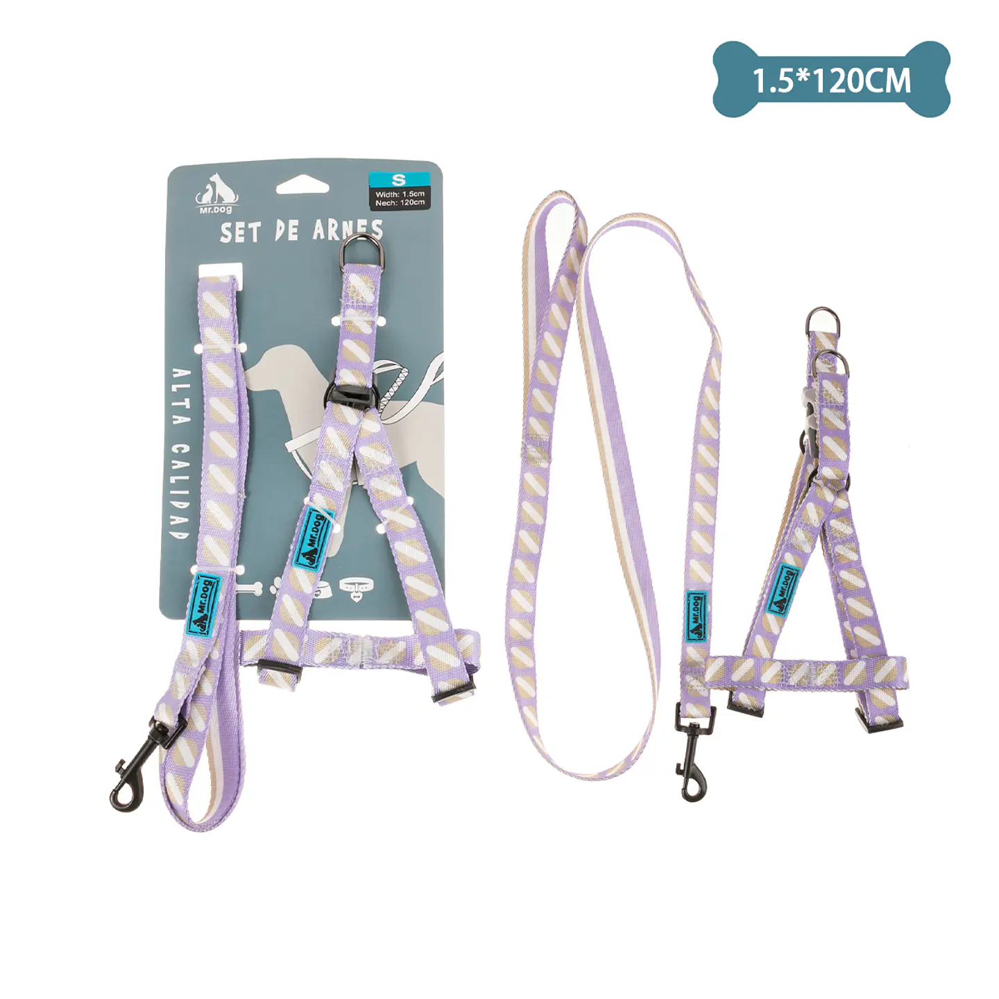 Set de arnés y correa de nylon rayas morado 1.5*120cm 1