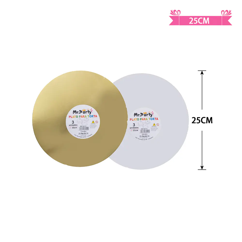 Bandeja base redonda de cartón para torta 3pcs 25cm