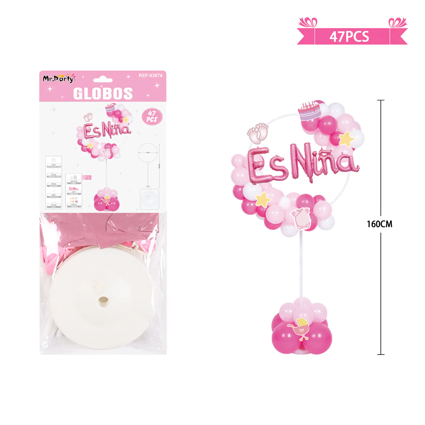 Arco de globos con base baby shower rosado es niña 160cm 47pcs 1