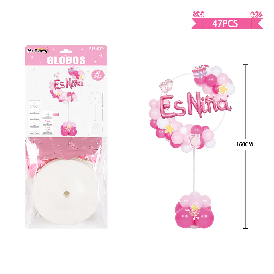Arco de globos con base baby shower rosado es niña 160cm 47pcs 1