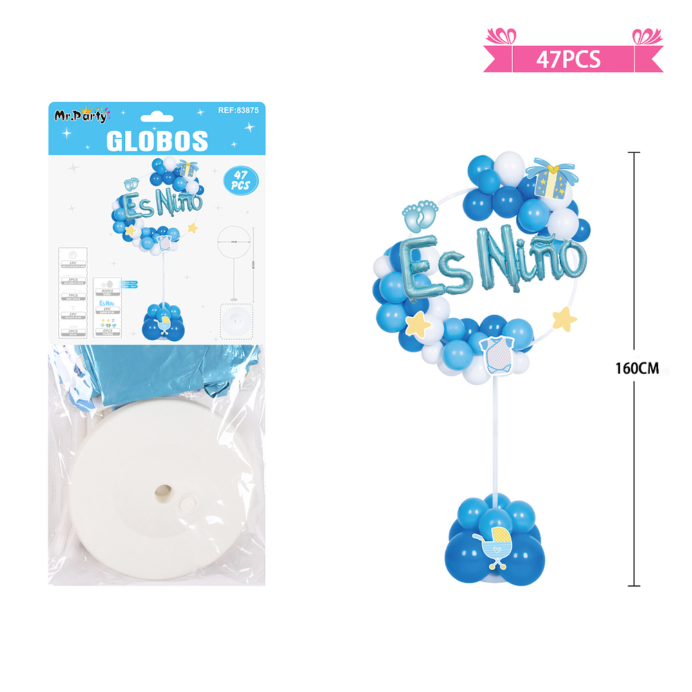 Arco de globos con base baby shower azul es niño 160cm 47pcs