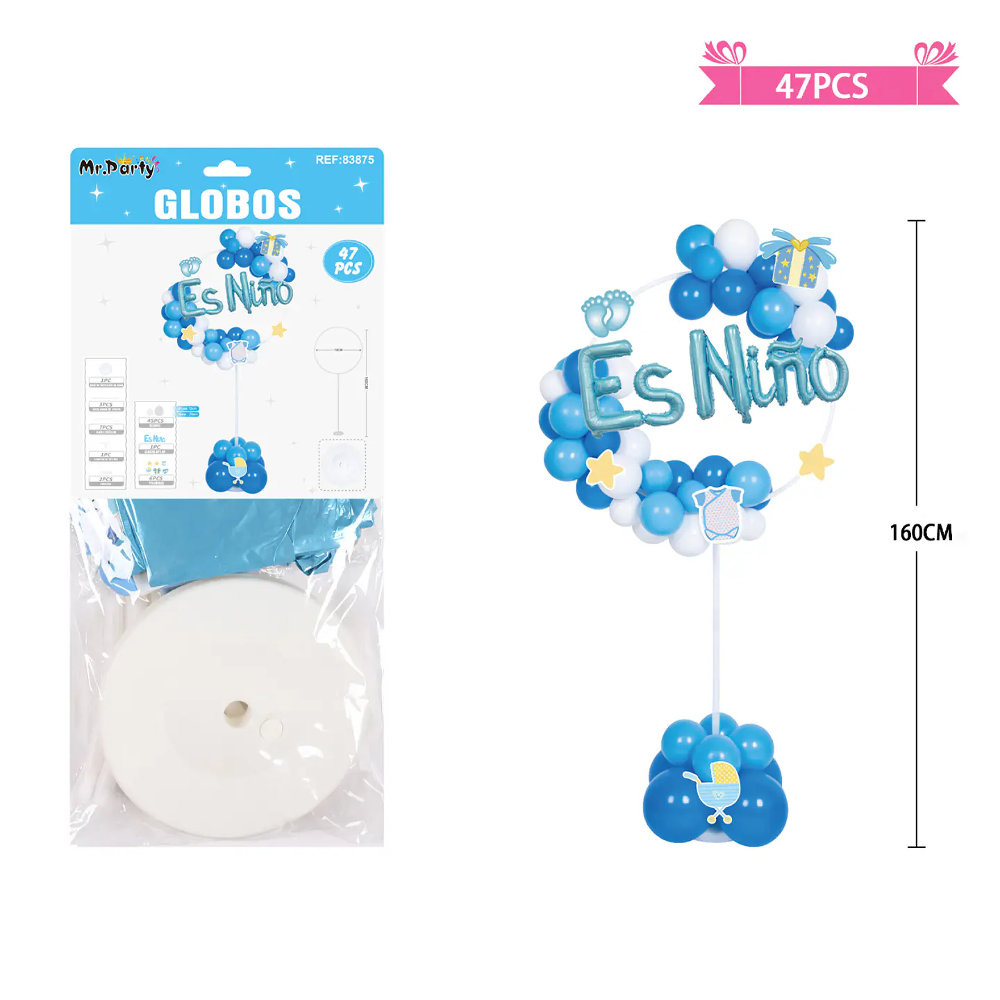 Arco de globos con base baby shower azul es niño 160cm 47pcs 1
