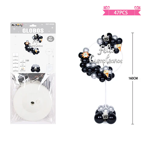 Arco de globos con base negro y plateado 160cm 47pcs