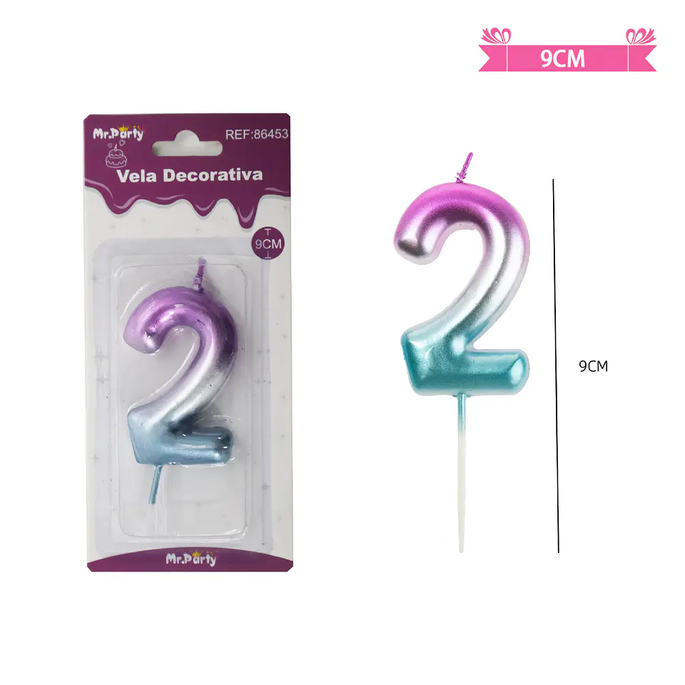Vela de cumpleaños número 2 multicolor 9cm 2
