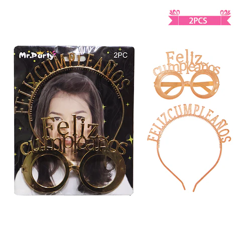 Set de lentes y cintillo feliz cumpleaños dorado champagne