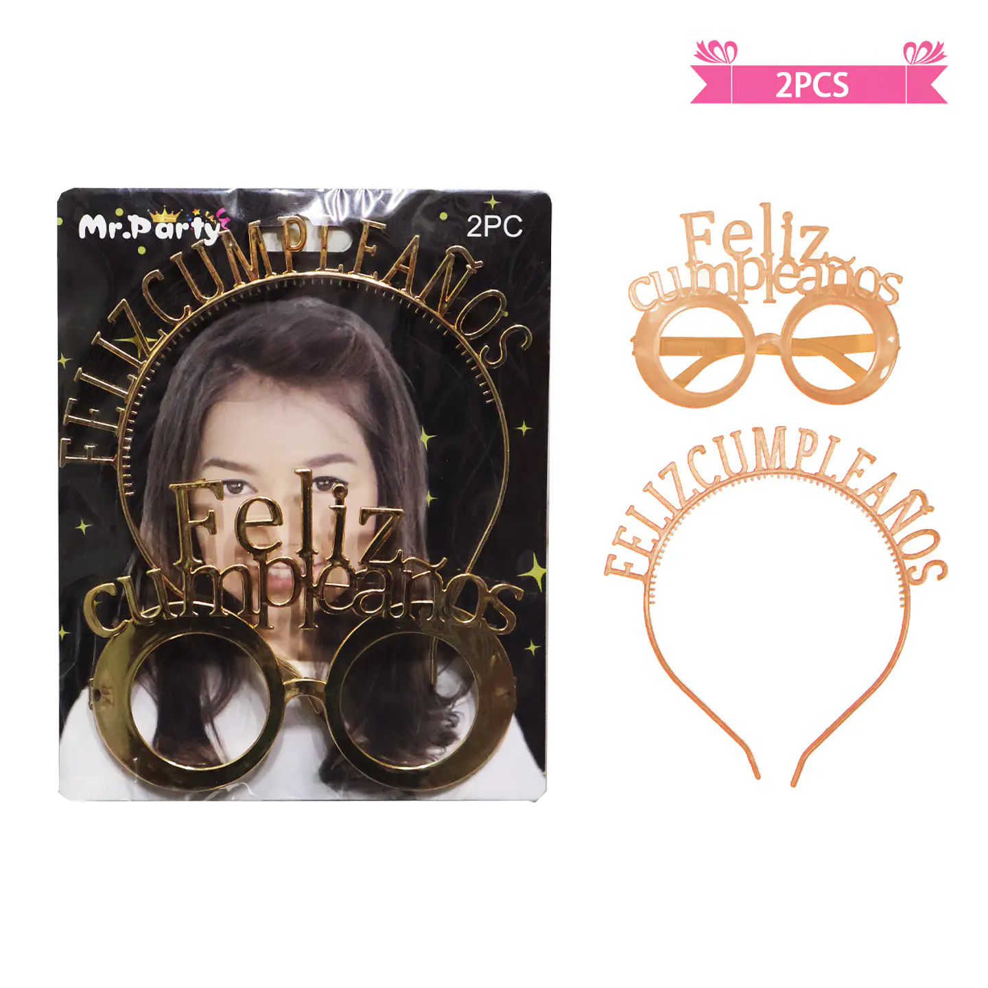 Set de lentes y cintillo feliz cumpleaños dorado champagne 1