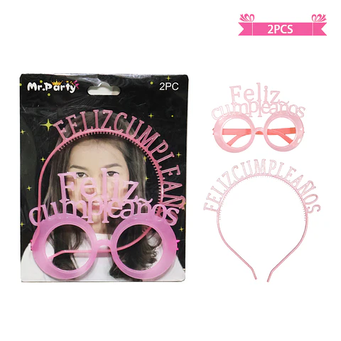 Set de lentes y cintillo feliz cumpleaños rosado fluor 