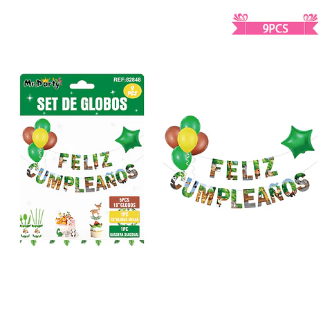 Set de globos látex y guirnalda de animales 9pcs