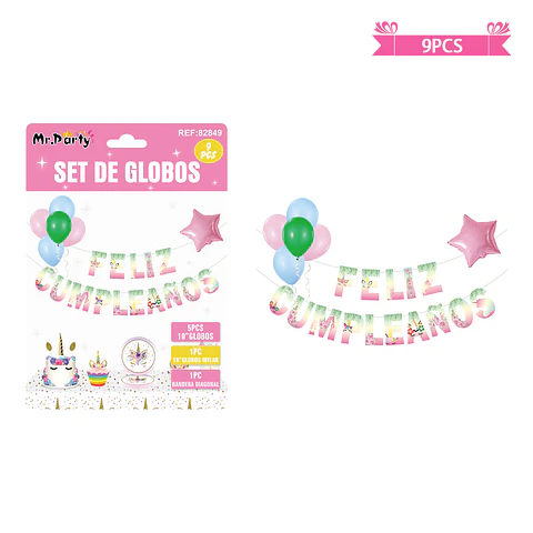 Set de globos látex y guirnalda de unicornios 9pcs