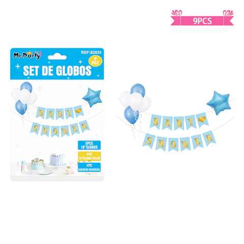 Set de globos látex y guirnalda baby shower celeste 9pcs