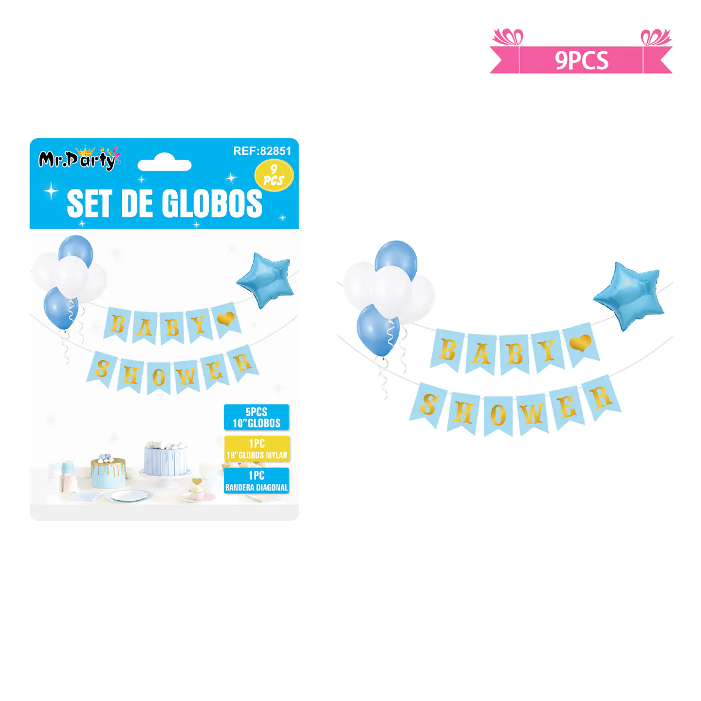 Set de globos látex y guirnalda baby shower celeste 9pcs 1