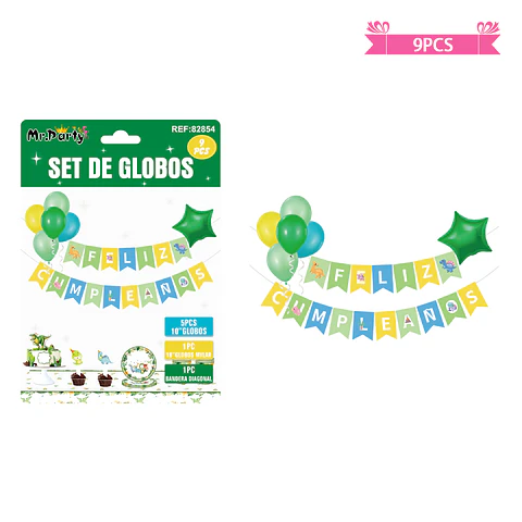 Set de globos látex y guirnalda de dinosaurios 9pcs