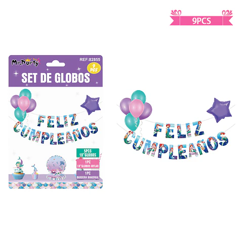 Set de globos látex y guirnalda de sirena 9pcs
