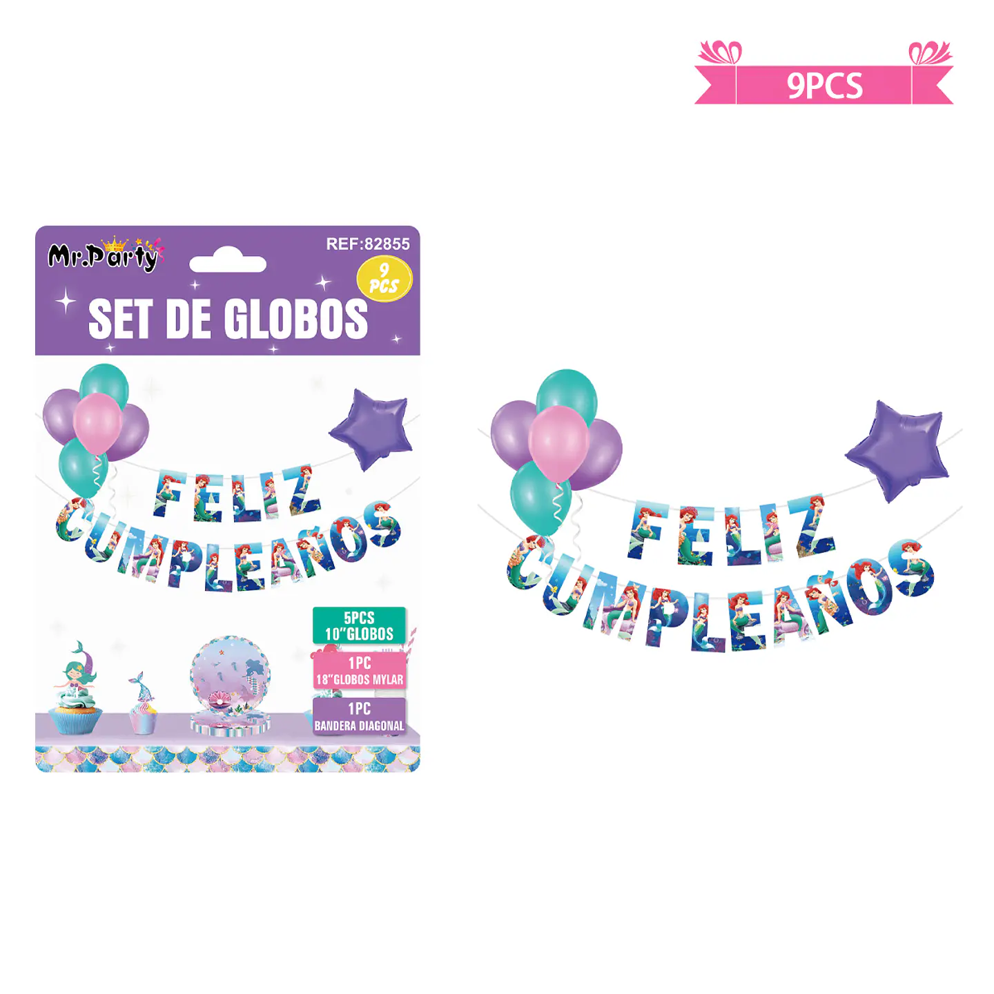 Set de globos látex y guirnalda de sirena 9pcs 1