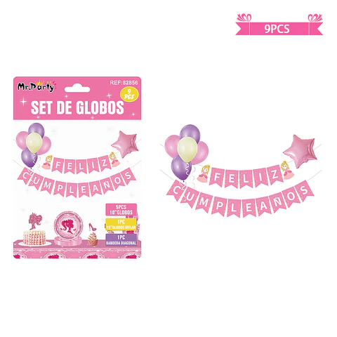 Set de globos látex y guirnalda de princesa 9pcs