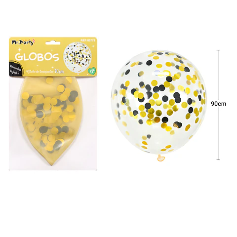 Globos de látex con confetti de redondo dorado y negro 90cm