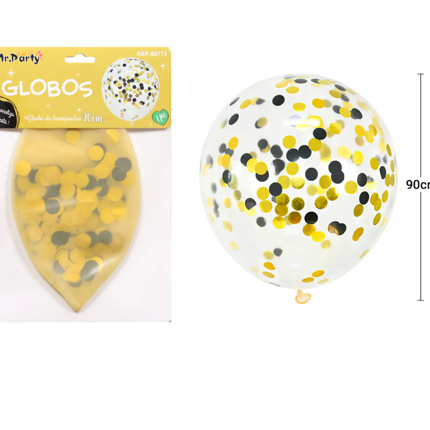 Globos de látex con confetti de redondo dorado y negro 90cm 2