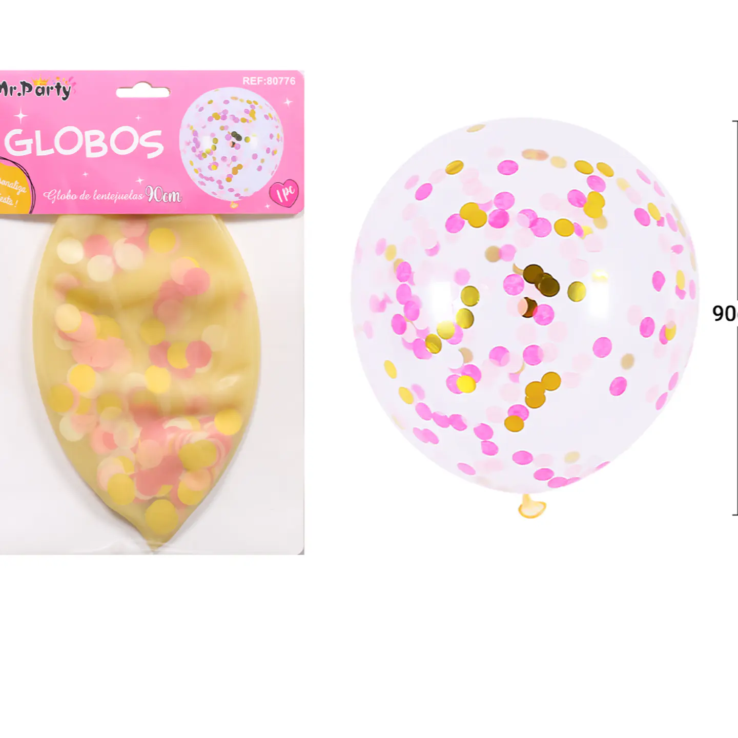 Globos de látex con confetti de redondo dorado y rosa 90cm 2