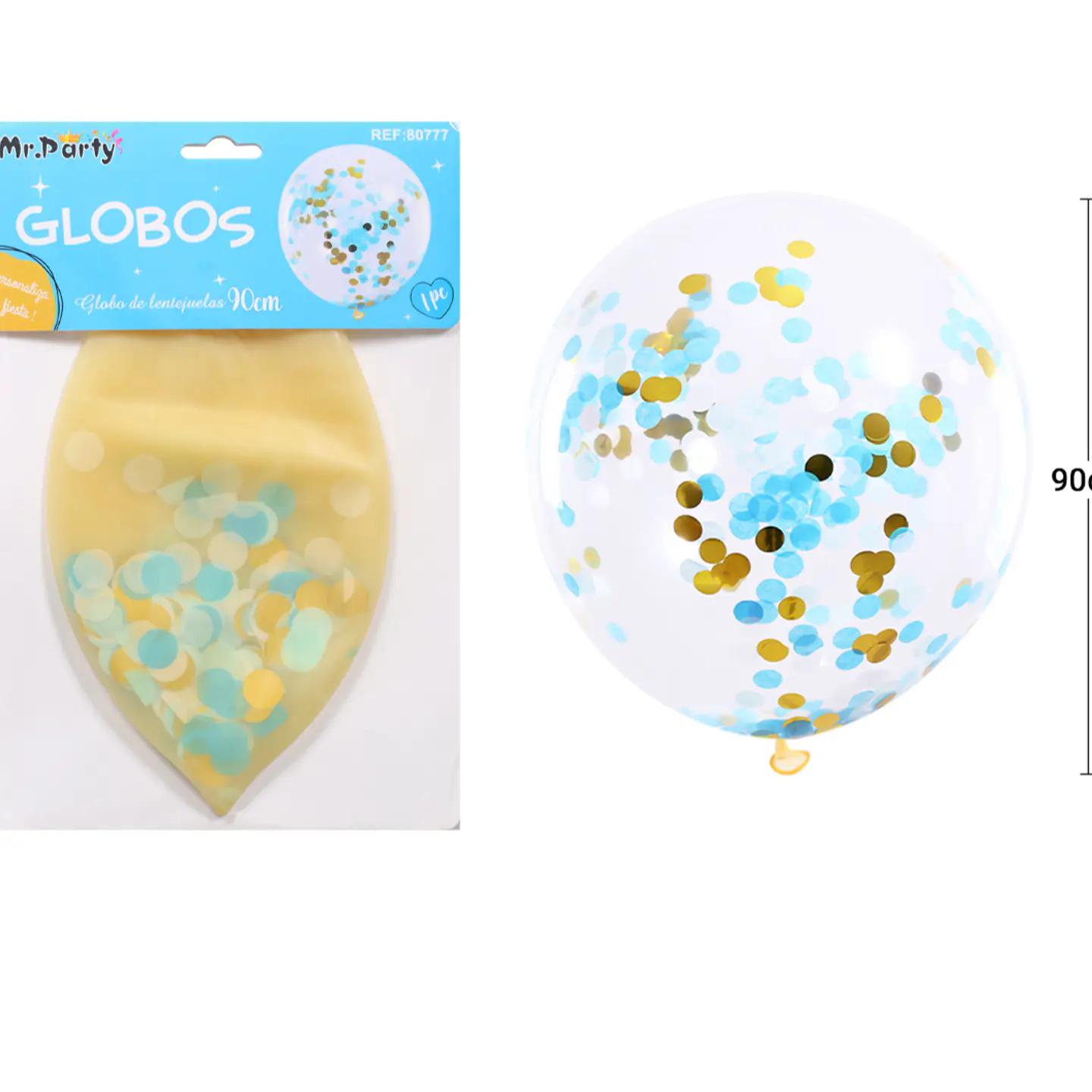 Globos de látex con confetti de redondo dorado y azul 90cm 2
