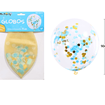 Globos de látex con confetti de redondo dorado y azul 90cm