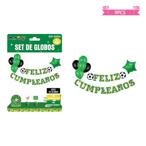 Set de globos látex y guirnalda con fútbol 9pcs